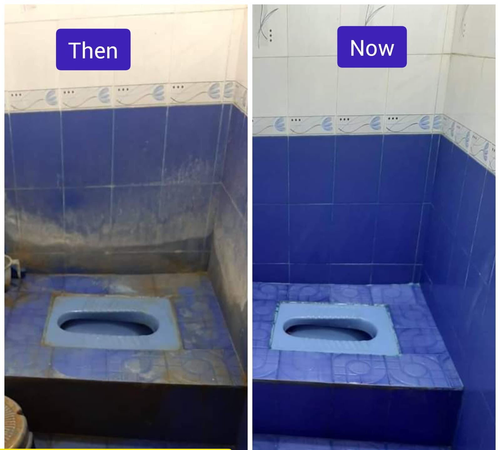 Bathroom before and after deep cleaning by Chennai Homescare, then and now